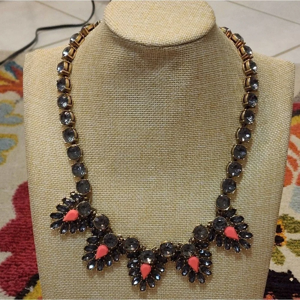 J. Crew navy‎ and coral jeweled art deco BRÛLÉE statement necklace